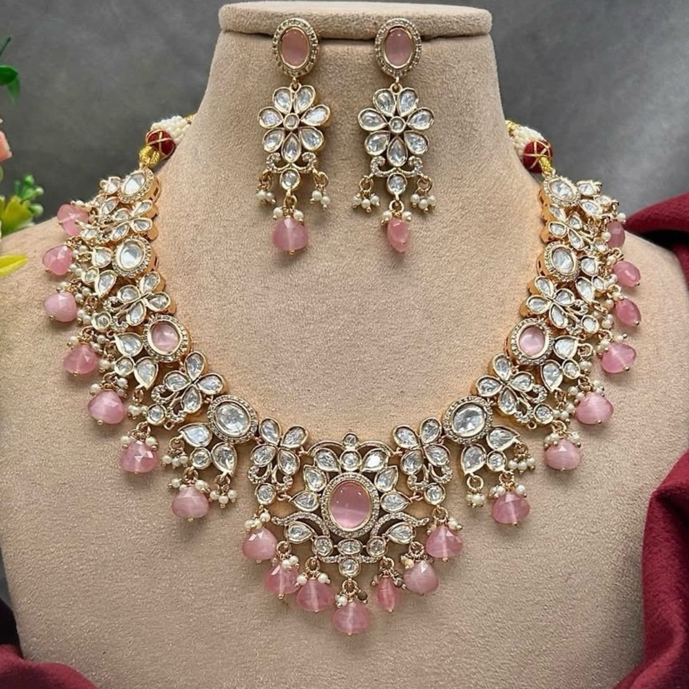 Pink Kundan Polki Necklace Set CZ Moissanite Indian Tyaani Inspired